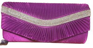 Elegant Purple Rhinestone Front Strip Satin Clutch Evening Bag Silver Strap NEW